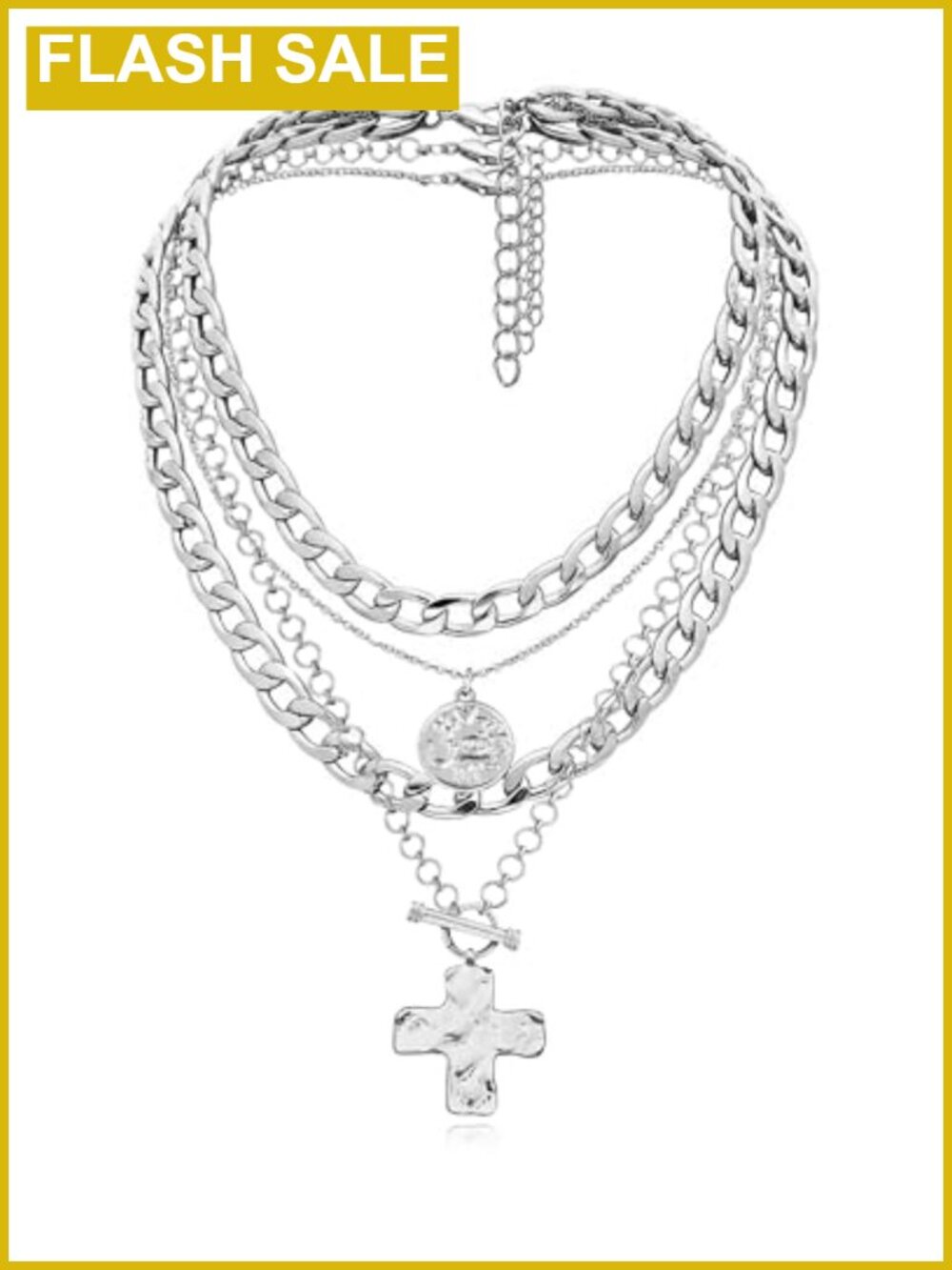 Layered Coin Cross Pendant Necklace Alloy 3 Chain Women Jewelry Gift